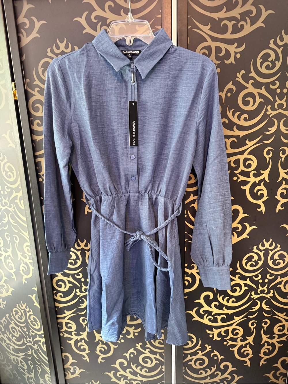 Fashion Nova Blue Chambray Button-Front Shirt Dress